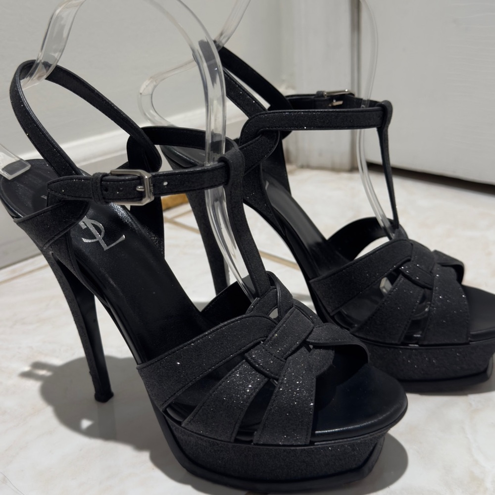 YSL tribute platform Sandal in black glitter finish